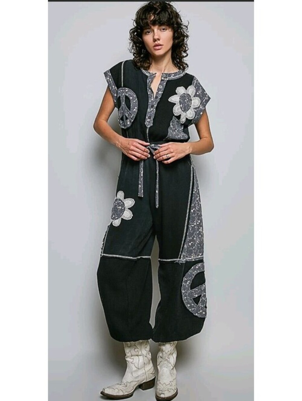 POL Boho Floral Doily Thermal Gauze Jogger Bottom Jumpsuit Button Front Sz S